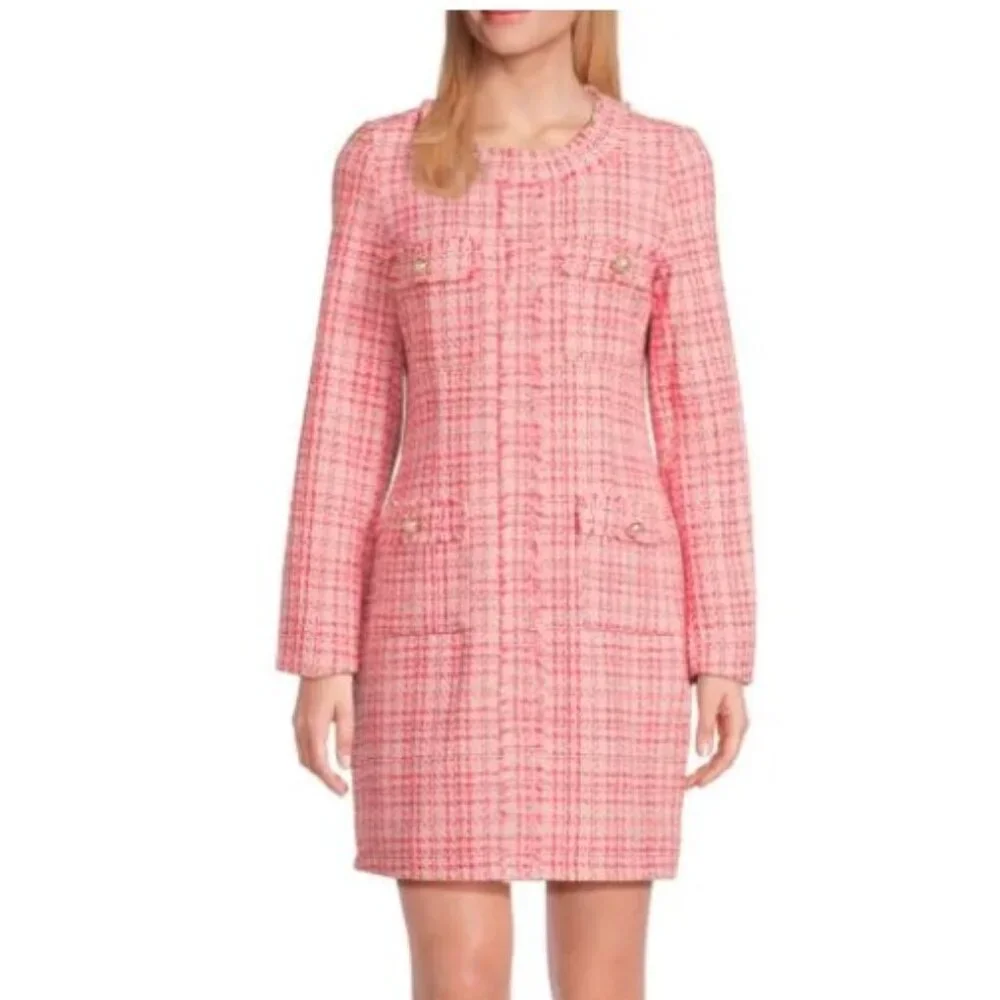 NWT Nanette Lepore Women's SZ 4 Almond Blossom Plaid Tweed LS Sheath Dress $168